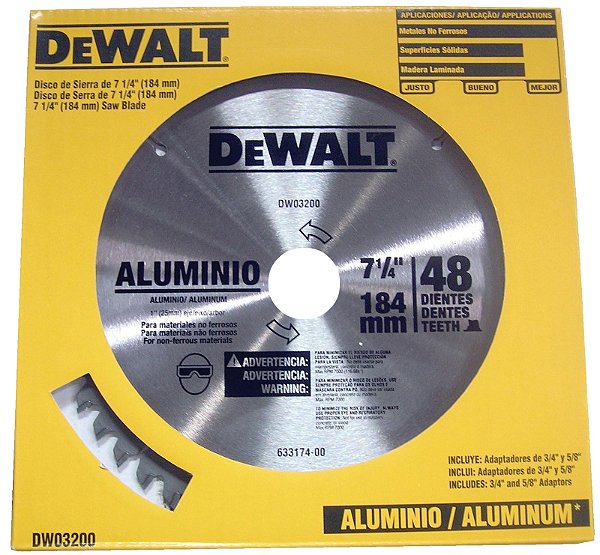 Lâmina de serra circular com vídea para alumínio 184mm x 16mm x 48 dentes DEWALT