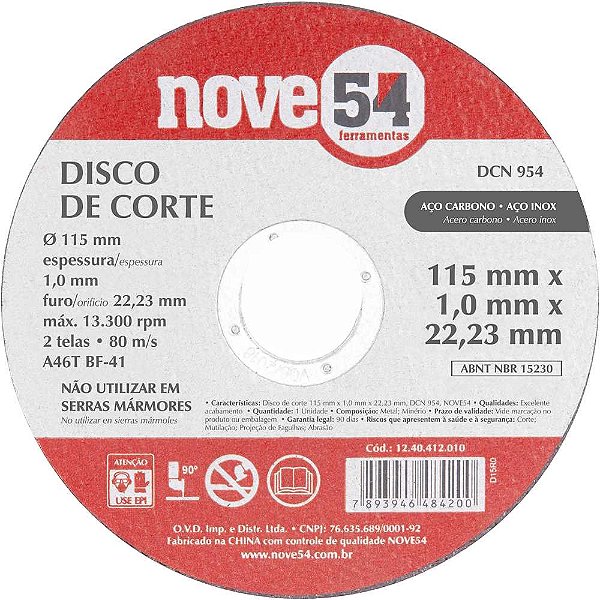 Disco de corte 115mm x 1,0mm x 22,23mm DCN 954 NOVE54
