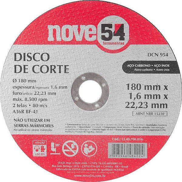 Disco de corte 180mm x 1,6mm x 22,23mm DCN 954 NOVE54