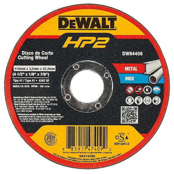 Disco de corte 114,3mm x 3,2mm x 22,23mm para metal/inox HP2 DW84406 DEWALT