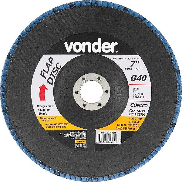 Flap-disc disco de desbaste/acabamento 7" - 180mm cônico grão 40 VONDER - 5 unidades