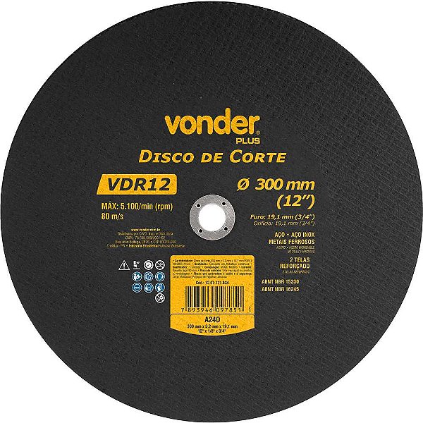 Disco de corte 300mm x 3,2mm x 19,10mm VDR12 VONDER PLUS