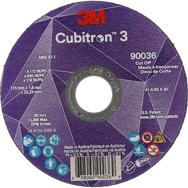 Disco de corte 115mm x 1,6mm x 22,23mm grão 36+ T1 para aço e inox Cubitron 3 HB004795116 3M