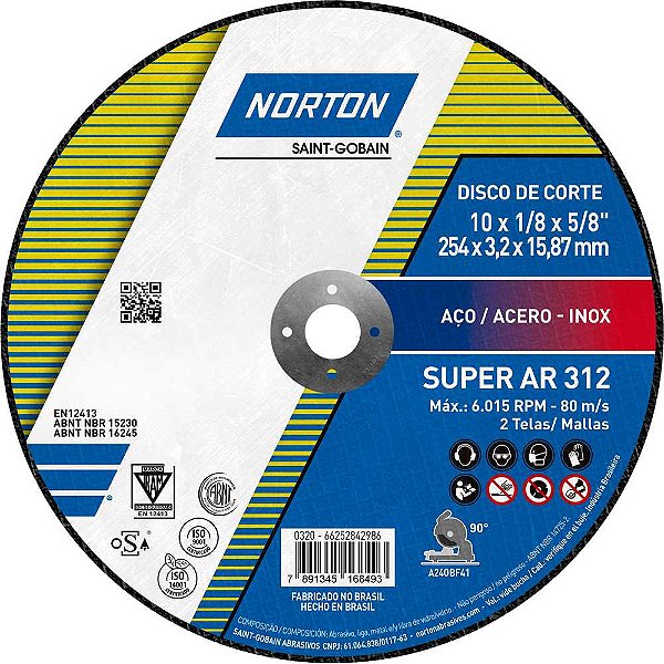 Disco de corte 250mm x 3,2mm x 15,87mm AR 312 NORTON
