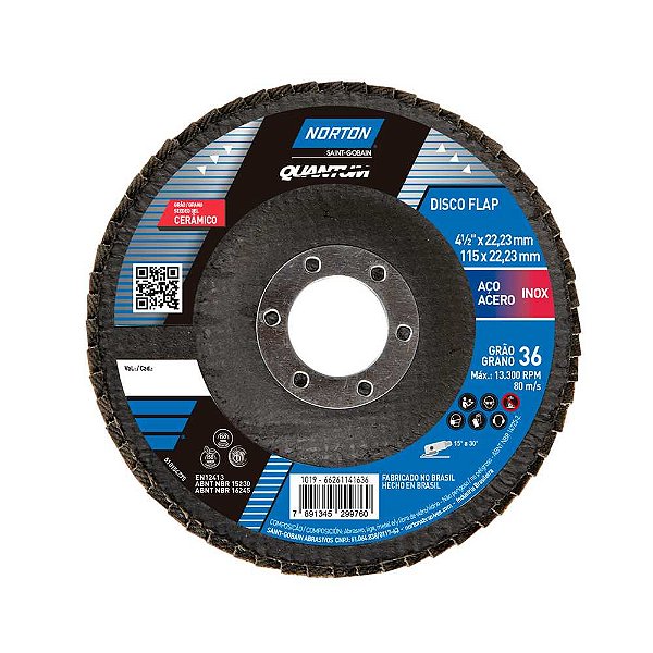 Flap-disc disco de desbaste/acabamento 4.1/2" - 115mm grão 36 para aços e inox R996 Quantum 66261141636 NORTON
