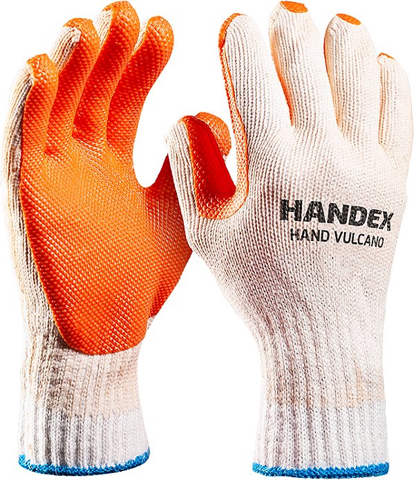 Luva de segurança tamanho EG fibras naturais e sintéticas com revestimento de latéx natural vulcanizado na palma e dedos branca e laranja Hand Vulcano HX002T10E001 HANDEX