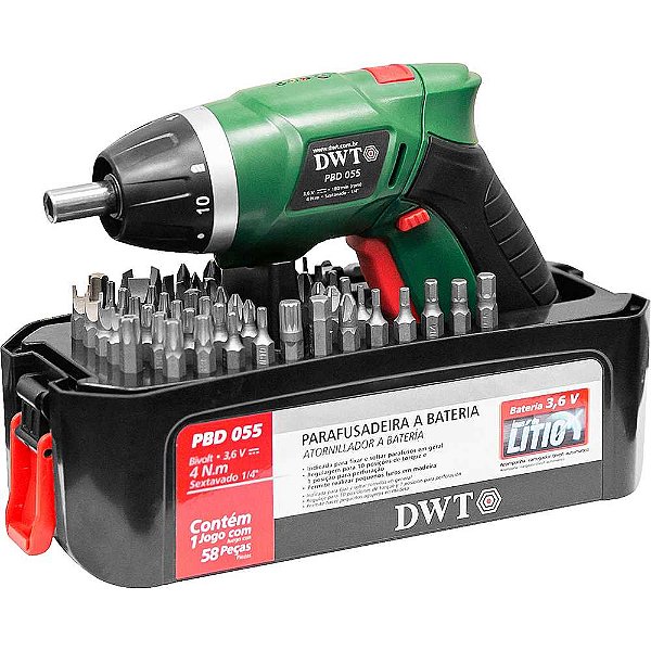 Parafusadeira a bateria 3,6V carregador bivolt jogo com 55 acessórios PBD 055N DWT