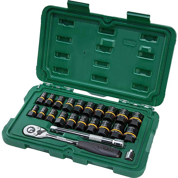 Jogo de soquetes sextavados com encaixe de 1/4" e 3/8" 7,0mm a 19,0mm com 23 peças ST09138 SATA
