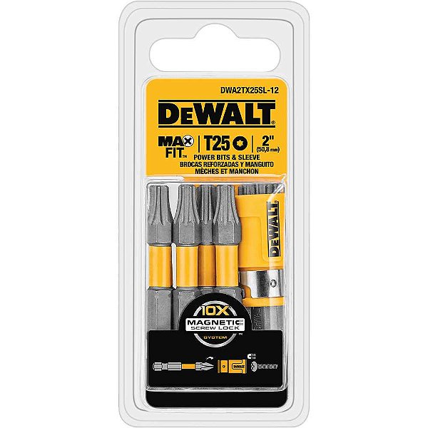 Jogo de bits/ponteira hexalobular encaixe sextavado 1/4" 11 peças (T25) + limitador magnético MAXFIT DWA2TX25SL-12 DEWALT