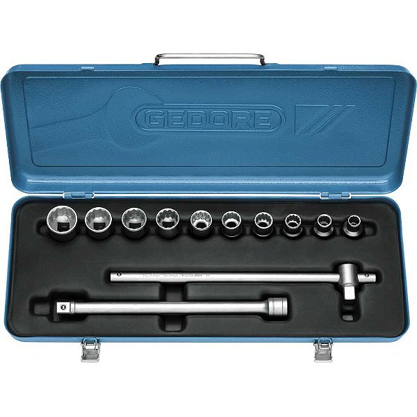 Jogo de soquetes estriados unit drive e acessórios encaixe de 1/2" 12 peças 10mm a 22mm D19NM GEDORE