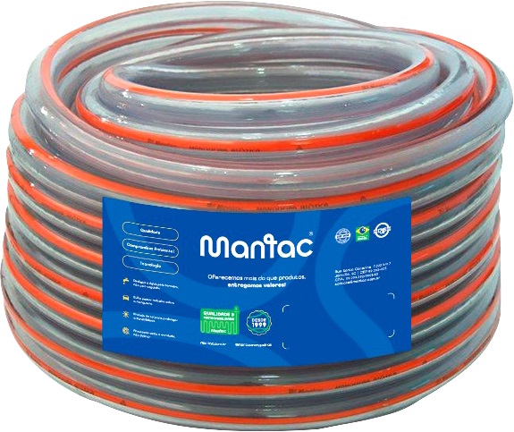 Mangueira atóxica em PVC 14mm transparente com tarja laranja rolo com 50 metros 6814 MANTAC