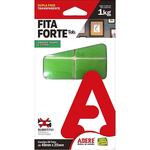 Fita dupla face acrílica 40mm x 25mm transparente cartela com 20 tabs Fita Forte TAB ADERE