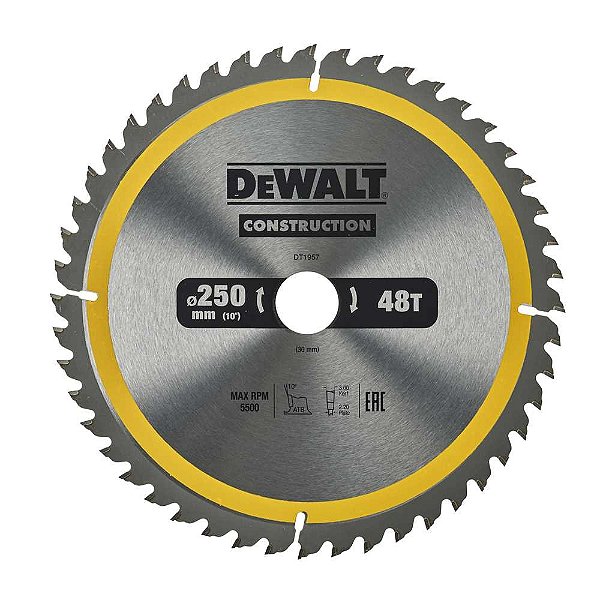 Lâmina de serra circular 250mm x 30,0mm x 2,18mm 48 dentes de metal duro para madeira DT1957-QZ DEWALT