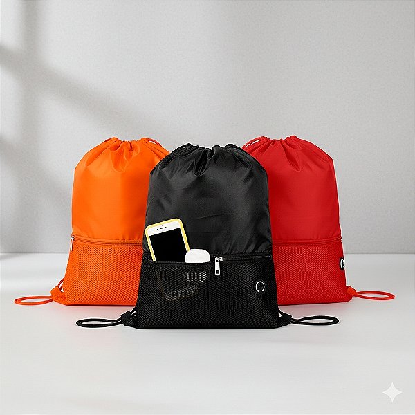 Mochila saco confeccionada em poliéster 420D com bolso externo
