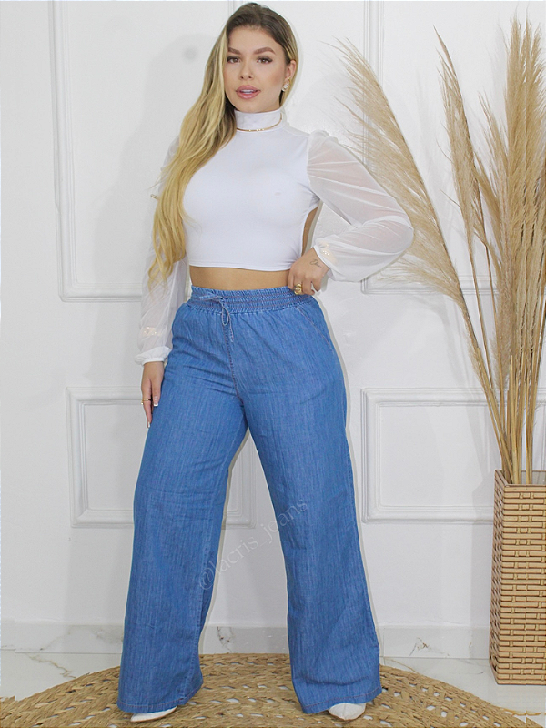 Calça Jeans Feminina Pantalona Wide Leg com Elástico na Cintura e Bolso na Frente