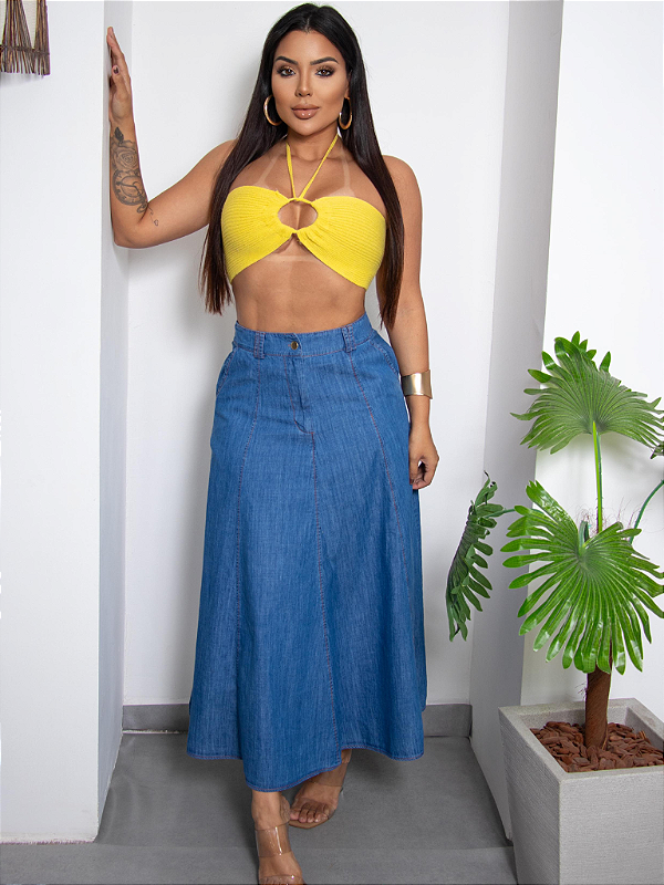 saia jeans longa rodada evangélica feminina C/ bolsos fechamento em botões