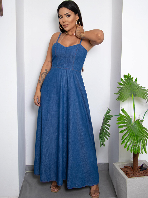 vestido jeans de alcinha feminina soltinho com lastex nas costas comprido longo