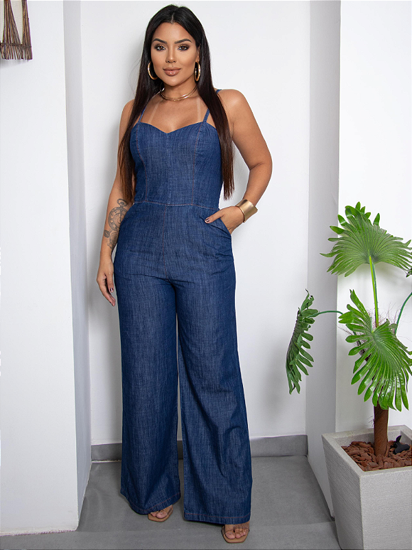 macacão jeans feminino alça ajustável costura reforçada calça pantalona látex nas costas