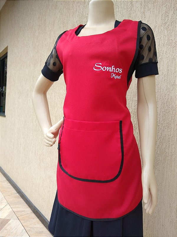 Avental frente e costa oxford vermelho com detalhes preto
