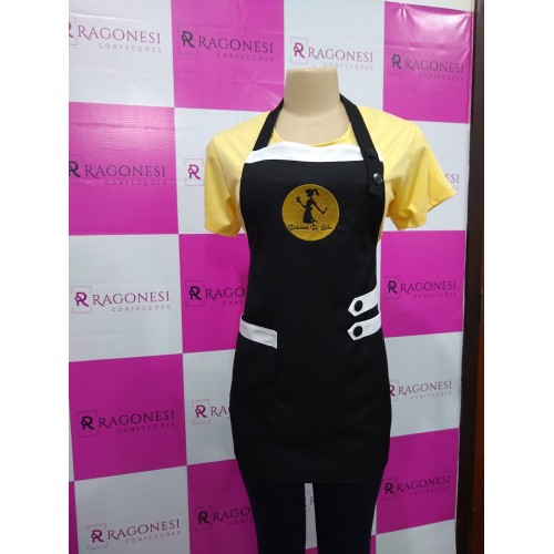 AVENTAL FRONTAL de gabardine preto com detalhes branco