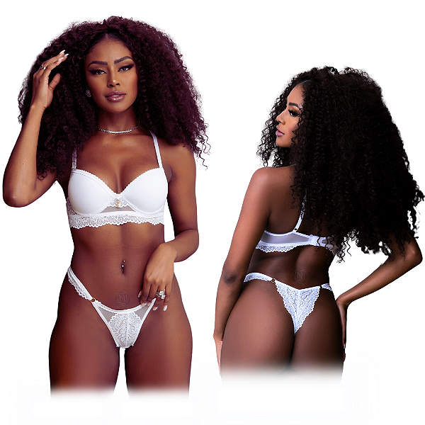 Conjunto Sensual de Renda e Tule com Bojo e Calcinha Fio