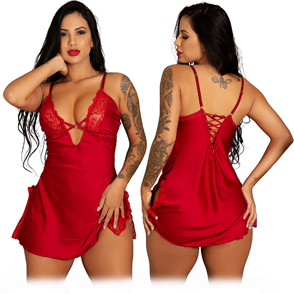 Camisola Sexy de Cetim com Detalhe em Fita e Renda