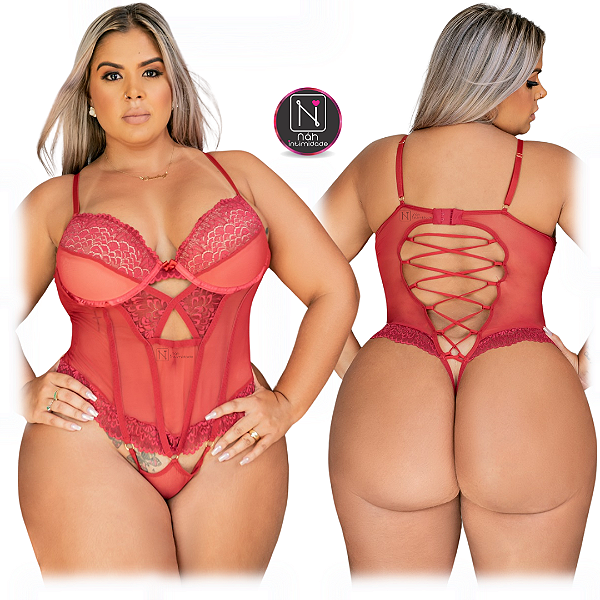 Body Sensual Luxo de Bojo com Ligas e Abertura Tipo Secretária - Plus Size
