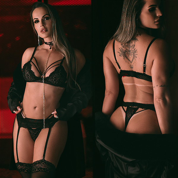 Conjunto Sensual de Renda sem Bojo e com Cinta Liga