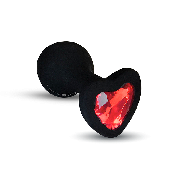 Plug Anal em Silicone Médio Preto com Joia  Coração Vermelha