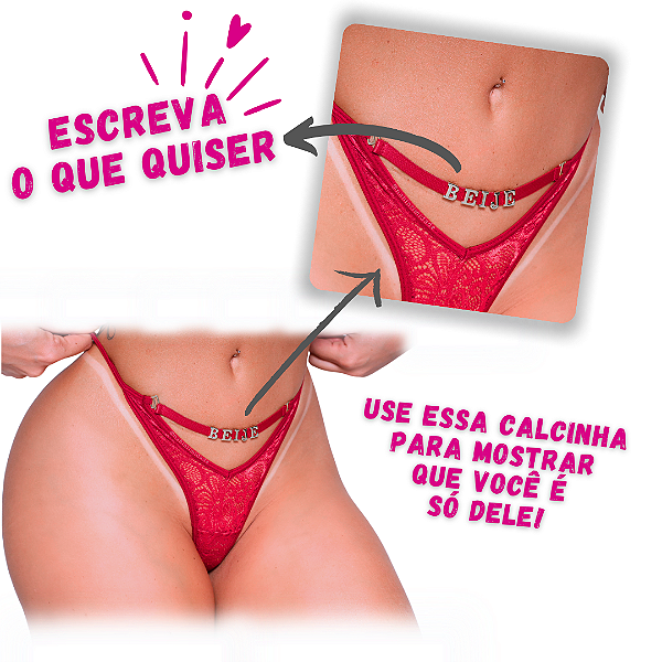 Calcinha Fio com Faixa Personalizável na Frente - Tamanho Único sem Regulagem - Vermelha - Letras Vendidas Separadamente