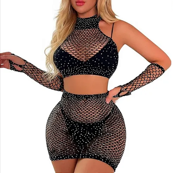Bodystock Conjunto Arrastão Helen Top e Saia com Strass - Tamanho Único