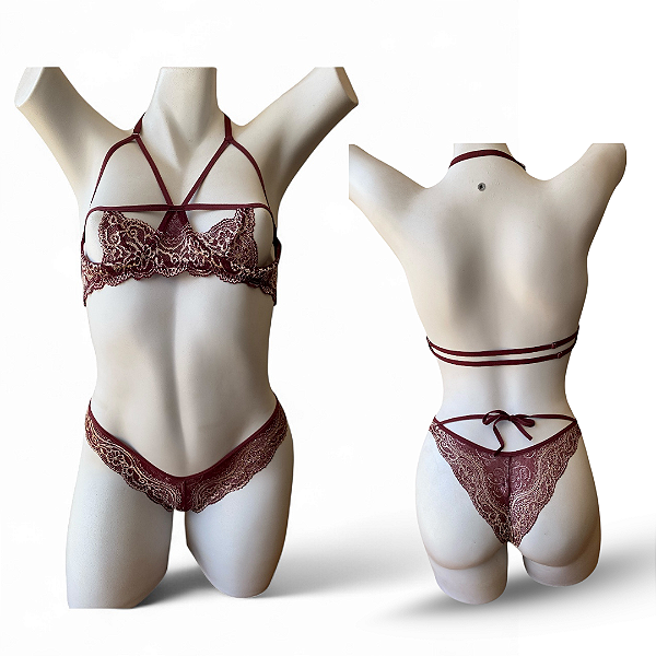 Conjunto Sensual Bicolor Strappy - Marsala com Prata