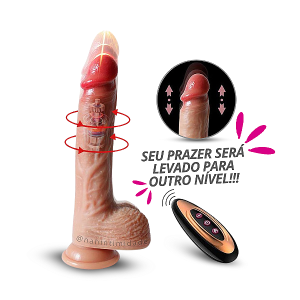 Pênis Ultra Realístico com Vibração, Rotação e Vai e Vem com Controle Remoto - Recarregável - 22x3,8cm - Bege