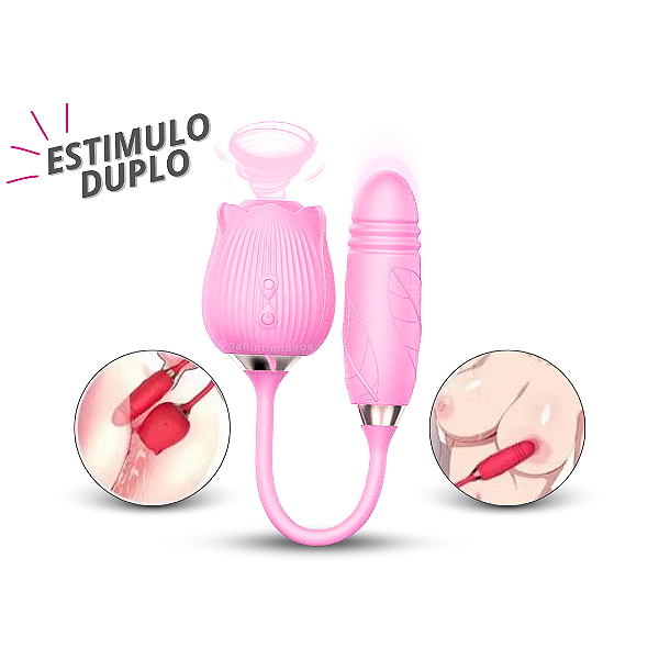 Estimulador 2 em 1 Com Vai e Vem e Sugador Clitoriano Formato de Rosa - Recarregável
