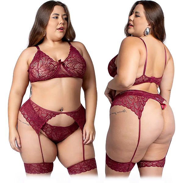 Conjunto Jordana Plus Size com Cinta Liga - Vinho