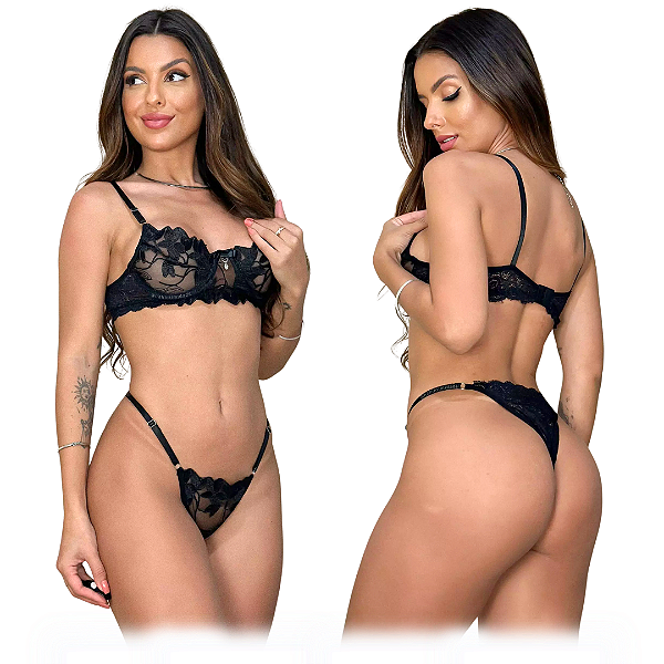Conjunto Stefany com Tule Recorte de Flor - Preto