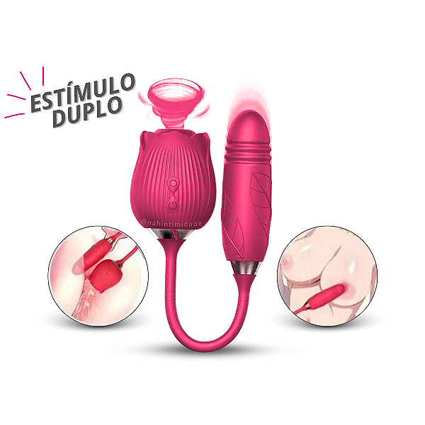 Estimulador 2 em 1 Com Vai e Vem e Sugador Clitoriano Formato de Rosa - Recarregável - Pink