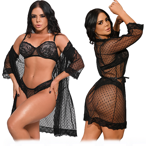Conjunto de Renda com Sutiã, Calcinha e Robe - Preto