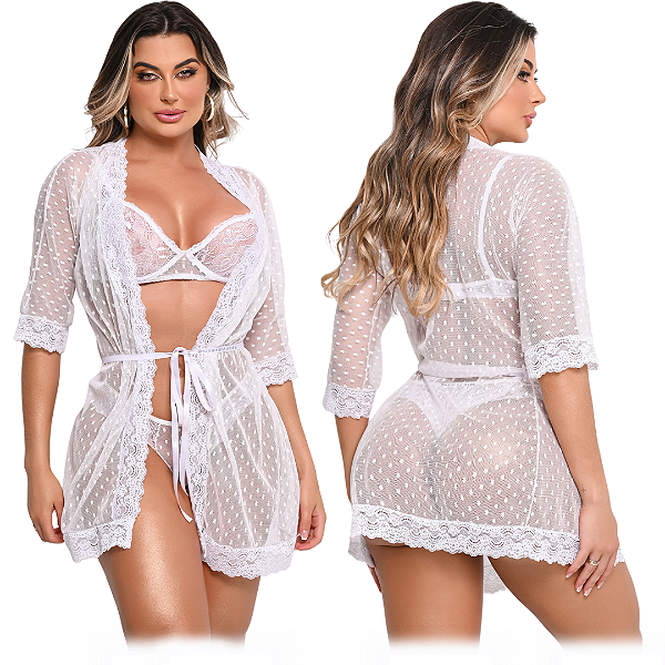 Conjunto de Renda com Sutiã, Calcinha e Robe - Branco