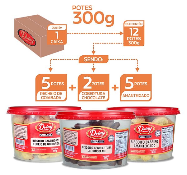 Caixa Biscoitos Amanteigados Tradicional C/12 Potes Misto 300g - Dviny