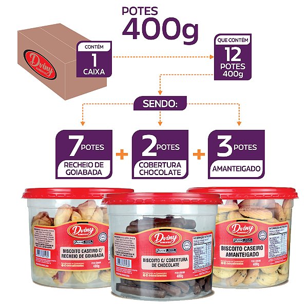 Caixa Biscoitos Amanteigados Tradicional C/12 Potes Misto 400g - Dviny
