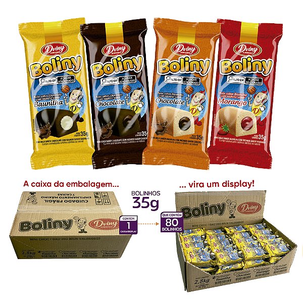 Caixa Bolinho de Chocolate Recheado com Chocolate C/ Display - 80un/35g- Dviny