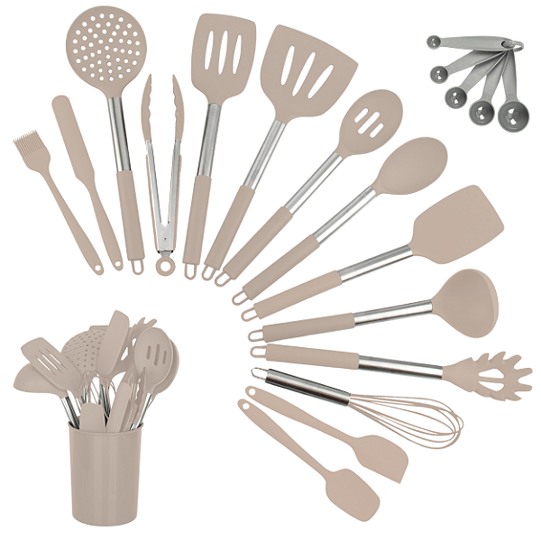 Kit 15 Utensílios De Cozinha Com Cabo De Inox E Silicone