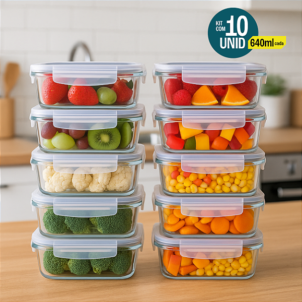 Pote de Vidro 640ml Hermético 10 Peças Livre de BPA