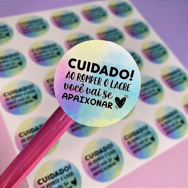 100 Adesivos de papel Holografo "Cuidado ao romper o lacre" 4cm