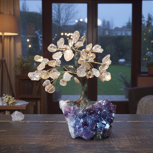 Árvore Quartzo Transparente Com Base Ametista