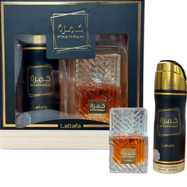 Kit Khamrah Lattafa Eau de Parfum 100 ml + Spray Corporal 200 ml Perfume Árabe Unissex