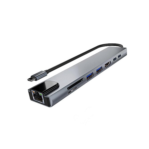 Hub Cabo Tipo C 8 Portas 8x1 USB HD HDMI 4K Extensor  RJ45