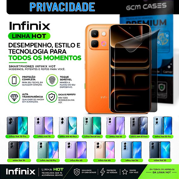 Película Hidrogel para Infinix Hot Series Privacidade TPU Flexível Premium