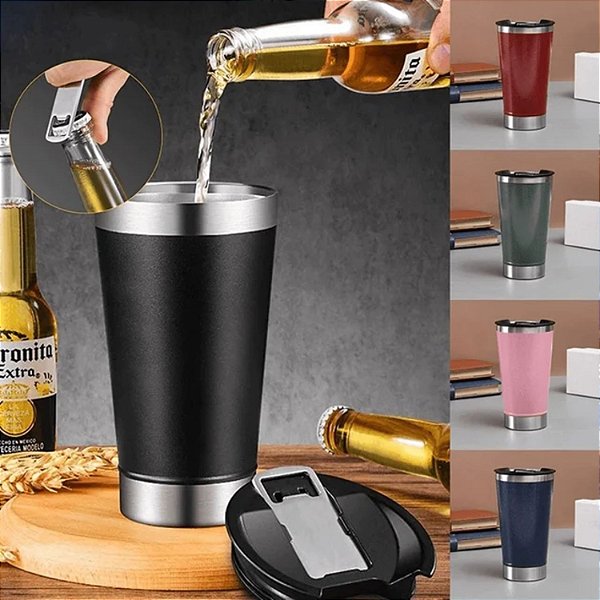 Copo Térmico 473ml Para Cerveja Com Tampa E Abridor Inox Parede Dupla
